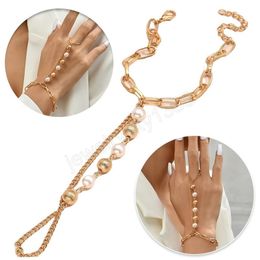 Boho Gold Hand Harness Chain Jewelry Pearl Link Chain Bracelet Connected Finger Ring Bracelets for Women Charm Friendship Couple Gift