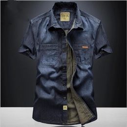 Casual Shirts Solid High Quality Summer Denim Shirt Men Short Sleeve Casual Shirts Loose Plus Size XXXL 4XL New LJ200925