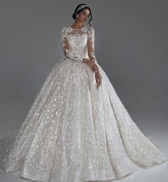 Luxury Ball Gown Wedding Dresses Long Sleeve Lace Appliqued Sparkly Beaded Sequin Bridal Gowns African Country Vestido De Novia