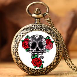 Antique Design Pocket Watch Flowers Skull Full Hunter Cover Men Women Quartz Analogue Display Watches 80CM Sweater Necklace Chain Gift