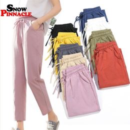 Womens Spring Summer Pants Cotton Linen Solid Elastic waist Candy Colors Harem Trousers Soft high quality for Female ladys S-XXL 220325