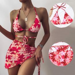 Women's Swimwear Peachtan Tie Dye Bikini 2022 Skirted Swimsuit Women High Cut 3 Piece Suit Halter Female Triangle Bathing Backless