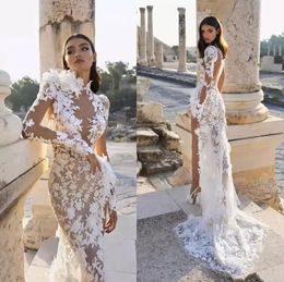 White Mermaid Wedding Dress With Long Sleeve Thigh-High Slits Applique Illusion Bodice Princess Formal Occasion Custom Made De Mariée