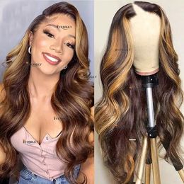 Highlight Blonde V Part Wigs Peruvian Virgin Human Hair Glueless Ombre Dark Brown Wavy U Shape Full 250Density With Straps Combs clips