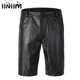 iiniim Black Mens Leather Boxer Shorts Half with Pockets Shorts with Zipper Closure for Mens Club Party Clothes 210322