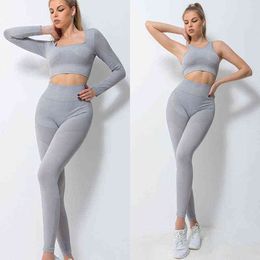 Sports Leggings Sportwear Gym Suits Woman Pieces Seamless Yoga Set Fitness Long Sleeve Crop Tops Bra Workout Clothing J220706