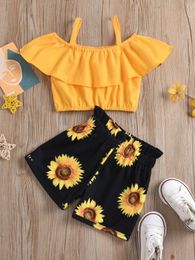 Toddler Girls Solid Flounce Trim Crop Top & Sunflower Print Shorts SHE