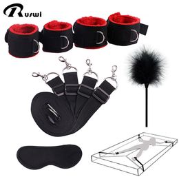 sexy Handcuffs With Blindfold and Flirting Feather Stick BDSM Bondage Set Under Bed Erotic Toys for Women Couple Adult Beauty Items