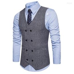 Men Formal Tweed Cheque Double Breasted Waistcoat Retro Slim Fit Suit Jacket Man Fashion Vest 18August21 Stra22
