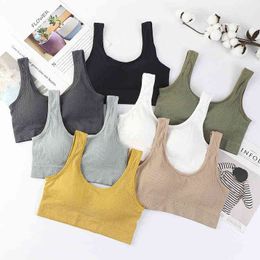 Women Tank Crop Top Seamless Bra Underwear Female Sexy Crop Top Lingerie Sport Cropped Vest Detachable Cup V Back Padded Shirt L220726