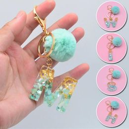 Cute Beautiful Green Pompom Fur Ball 26 Resin Letter Keychain Charms Women Handbag Ornaments Key Ring Decoration Accessories