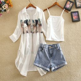 Summer New Three Pieces Women Sets Printed Blouse and Wide Leg Denim Lady Casual Shorts Suits Top Quality T200325