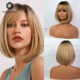 Wig female head dyed black gradient gold Qi bangs short straight hair wig cover Bobo shape 220527