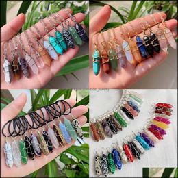 Pendant Necklaces Assorted Stone Pendum Wire Wrap Reiki Healing Crystal Necklace Hexagonal Amethyst Pink Quartz Chakras Dhseller2010 Dho3V