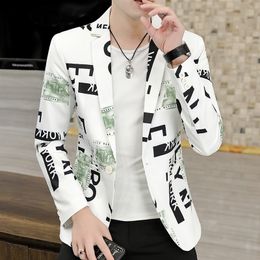 Men's suit Korean style slim men's jacket party dress personality white printing suit jacket men's fashion brand clothes 220409