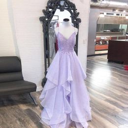 Party Dresses Purple Sweet Homecoming Dress V-Neck Spaghetti Strap Flower Lace Sparking Tulle Ruffles A-line Floor Length Women Prom Gowns