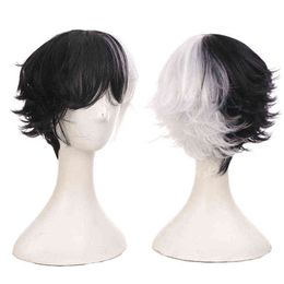 white wig male cosplay NZ - Short Curly Male Wig Black White Yellow Half Cosplay Anime Costume Halloween Wigs Synthetic Hair with Bangs for Men Boy Women 220622
