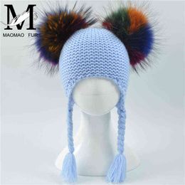 Baby Hat Autumn Winter 2017 Beanie Hat With Double Real Fur Pompom Warm Wool Toddler Cap Multicolor Kids 2 Real fur Pom Hat J220722