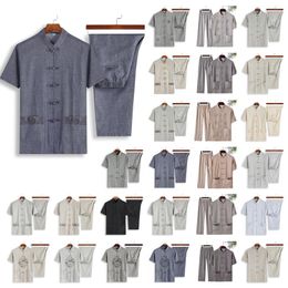 Ethnic Clothing China Embroidery #1 Traditional Chinese Set For Men Adult Tai Chi Uniforms Linen Short Sleeve Costumes