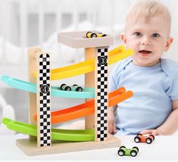 Wholesale New four track Games glider children's puzzle assembly track inertia return car Creative racing wooden toy