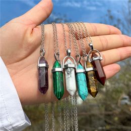 Natural Stone Hexagonal Column Pendant Necklace Stainless Steel Chain Wholesale