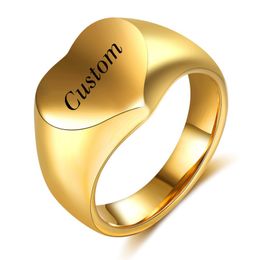 Cool Design Gold Stainless Steel Heart Ring Signet Custom Logo Engraved Rings Customised Jewellery