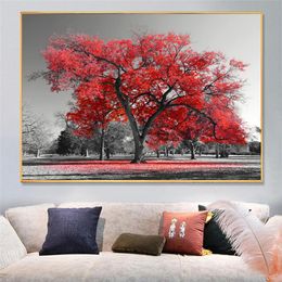 Nordic Visual Art Home Decor Red Tree Canvas Wall Painting Autumn Park Landscape Poster And Prints Picture For Living Room