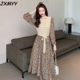 JXMYY Fashion Products Autumn Chic Retro Gentle Wind Knitting Stitching Bandage Floral Dress Women 210412