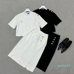 2022-Summer T Shirt Split Dresses Set Letter Skirt Metal Button Decoration Gold Letters Print Dresses 2 Piece Suit