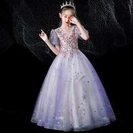 2-14 Years Lace Tulle Flower Girl Dresses Bows Children's First holy Communion Dress Princess Ball Gown Wedding Party Dress baby sequined gowns