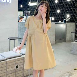 Korean Style Summer Short Sleeve Maternity Dress Plus Size ONeck Pleated High Waist Pregnant Woman Cotton Dress Casual J220628