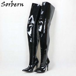 Sorbern Black Shiny Crotch Thigh High Boots Unisex 12Cm Special Arch High Heels Pointed Toe