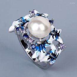 Cluster Rings 925 Silver For Women Freshwater Pearl Ring Blue Flower Women's Exquisite Handmade Enamel JewelryCluster Wynn22