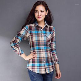 Women's Blouses & Shirts Spring 2022 Vintage Plaid Shirt Ladies Casual Long Sleeve Embroidered Checked Blouse Cotton Flannel Tops