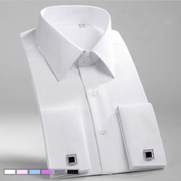 French Cuff Mens Formal Business Dress Shirt Solid Twill Men Party Wedding Tuxedo Shirts with Cufflinks Chest Pocket 220621