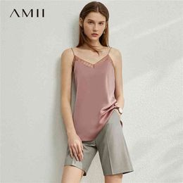 AMII Minimalism Spring Summer Fashion Lace Silk Tank Tops Women Causal Vneck Solid Loose Camisole Female Vest Tops 12030209 210401