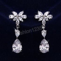 Elegant Shiny Leaf CZ Bridal Wedding Dangle Earrings For Women Flower Zirconia Crystal Long Drop Bridesmaid Jewellery Accessories