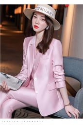T043 Fashion New Ladies Business Solid Colour Suits Trousers Waistcoat / Woman's Pink Commuter Blazers Jacket Pants Vest Set