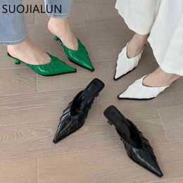 SUOJIALUN 2022 New Green Women Slipper Fashion Plaeted Shallow Slip On Ladies Mules Shoes Thin Low Heel Elegant Slides 220627