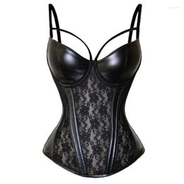 Bustiers & Corsets Women's Corset Lady Strap Push Up Gothic Corselet Sexy Black Lace Appliques PU Leather Bustier Top Erotic Lingerie Plus