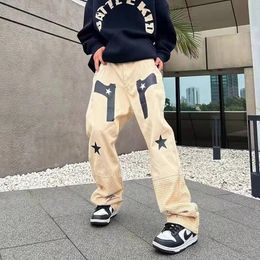gun pants UK - Men's Pants Harajuku Casual Jeans Men Gun Stars Print Mesh Straight Wide-leg Cargo Vintage Loose Punk Trousers Spring Couple