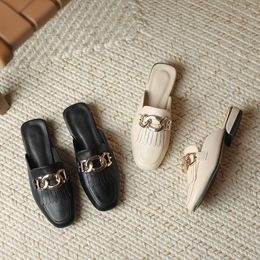 Slippers Metal Chain Tassel Women Sandalias Summer Shoes Woman Low Heels Cover Toe Slides Ins Square Fringe Mules Mujer 2022