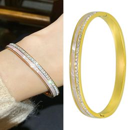 Titanium Steel Gold Colour Cuff Gift Men Bracelets for Women White Shell with Full Cystals Fashion Charm Luxury Punk Natural Stones Jewellery On Hands Girlfriends