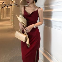Syiwidii Women's Elegant Party Dress for Year Evening Silk Midi Dress Spaghetti Strap Long Satin Dresses 220423