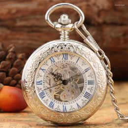 Pocket Watches Mechanical Hand Winding Watch Blue Roman Numerals Display Transparent Cover Antique Silver Fob Pendant Clock Thun22