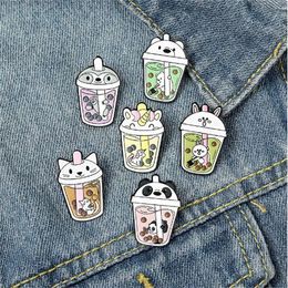 Bubble Tea Enamel Pins Cartoon Milk Tea Brooch With Animals Panda Cats Unicorn Badge for Kids Jacket Backpack Jewelry Gifts GC1121