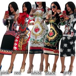 Autumn Women Fashion Personality Women's Poker Queen Mid Long Sleeve Dress Round Packet Hip Waist Dress SXXL T200320