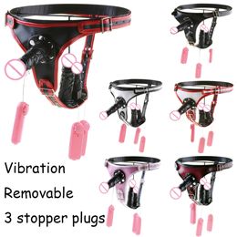 Lesbian PU Leather Vibrating Butt Plugs Harness Chastity Belt Device with Vibrator Anal Plug Thong Panties sexy Toys for Women