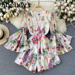 Women French Print Rompers Design Flared Sleeve V Neck Rompers Spring Casual Vacation Beach Wide Leg Short Jumpsuits 210715