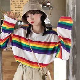 Tee Shirt Woman SAutumn Tops Korean Ulzzang Harajuku Rainbow Striped Tshirt For Women Long Sleeve Tshirt Female Casual Clothing T200614